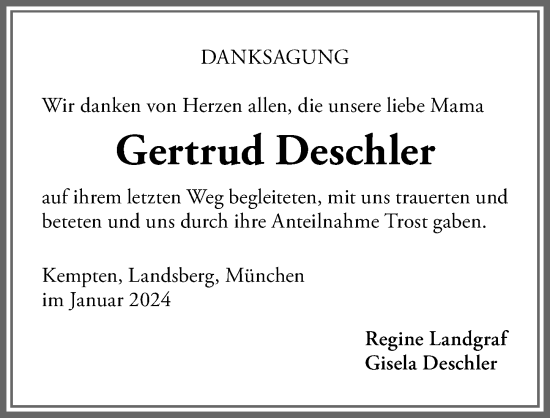 Traueranzeige von Gertrud Deschler von Allgäuer Zeitung,Kempten
