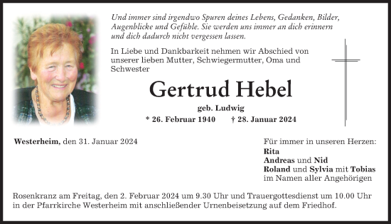 Traueranzeige von Gertrud Hebel von Memminger Zeitung