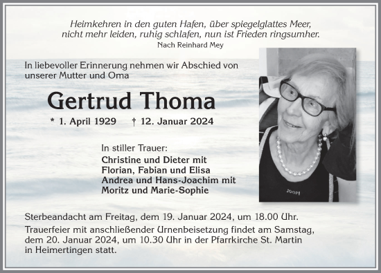 Traueranzeige von Gertrud Thoma von Memminger Zeitung