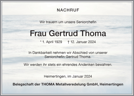Traueranzeige von Gertrud Thoma von Memminger Zeitung
