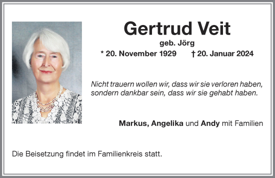 Traueranzeige von Gertrud Veit von Memminger Zeitung