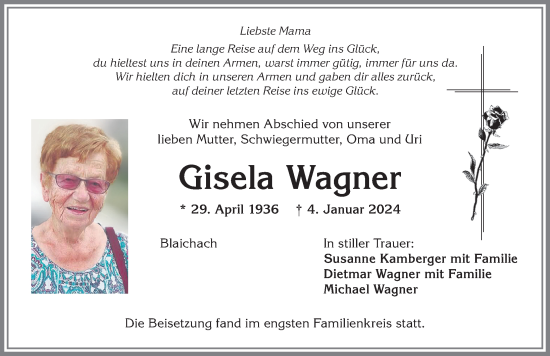Traueranzeige von Gisela Wagner von Allgäuer Anzeigeblatt