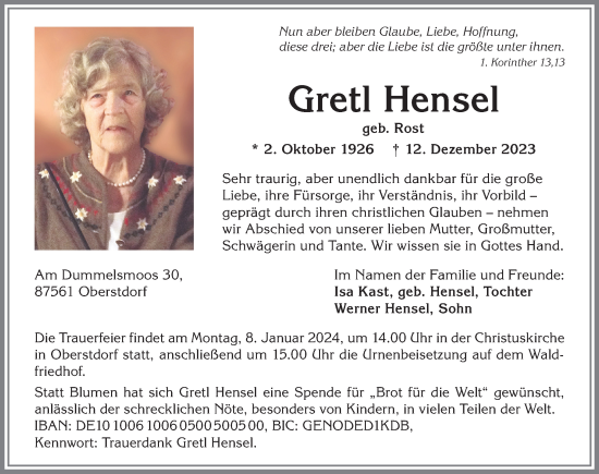 Traueranzeige von Gretl Hensel von Allgäuer Anzeigeblatt