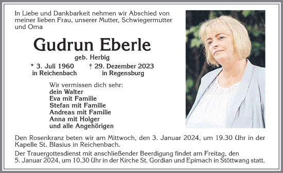 Traueranzeige von Gudrun Eberle von Allgäuer Zeitung, Kaufbeuren/Buchloe