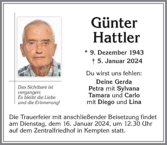 Traueranzeige von Günter Hattler von Allgäuer Zeitung,Kempten