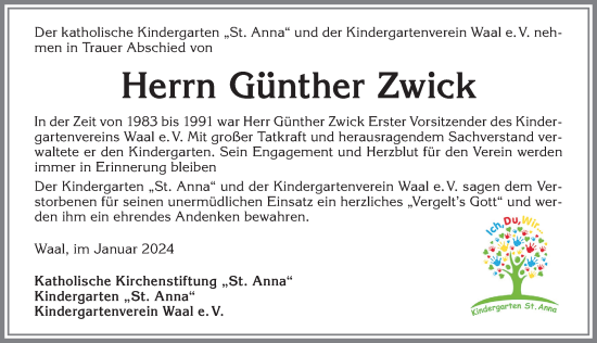 Traueranzeige von Günther Zwick von Allgäuer Zeitung, Kaufbeuren/Buchloe