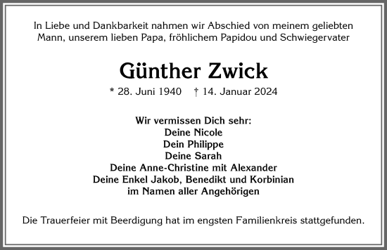 Traueranzeige von Günther Zwick von Allgäuer Zeitung, Kaufbeuren/Buchloe