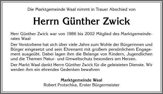 Traueranzeige von Günther Zwick von Allgäuer Zeitung, Kaufbeuren/Buchloe