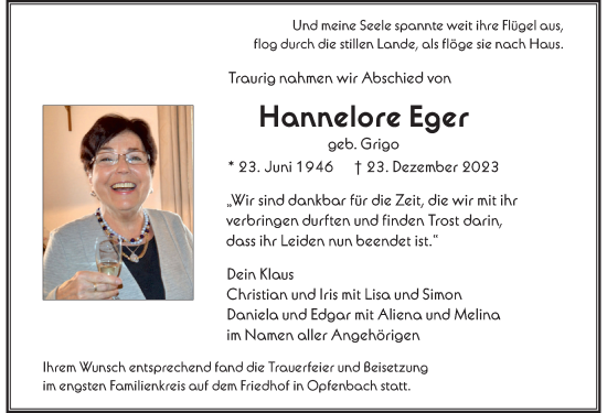 Traueranzeige von Hannelore Eger von Der Westallgäuer