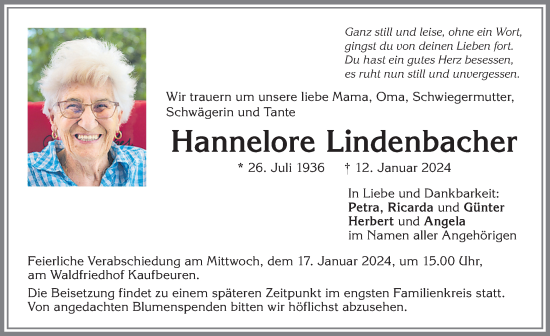 Traueranzeige von Hannelore Lindenbacher von Allgäuer Anzeigeblatt