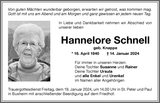 Traueranzeige von Hannelore Schnell von Memminger Zeitung