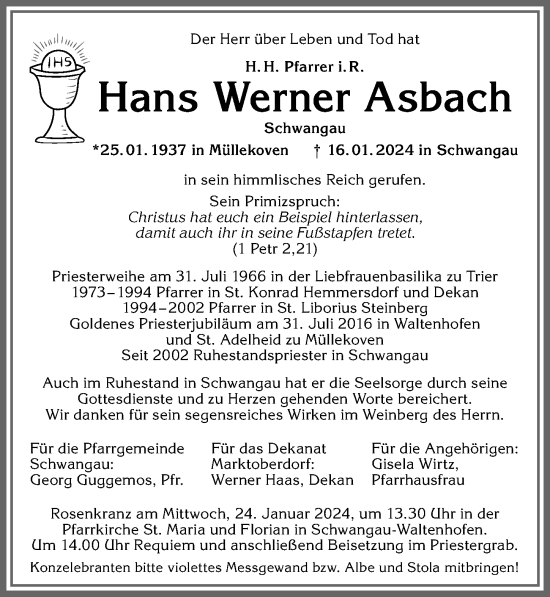 Traueranzeige von Hans  Asbach von Allgäuer Zeitung, Füssen