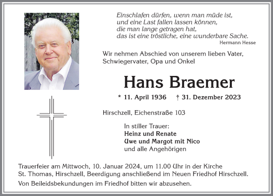 Traueranzeige von Hans Braemer von Allgäuer Zeitung, Kaufbeuren/Buchloe
