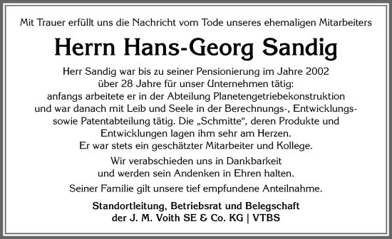 Traueranzeige von Hans-Georg Sandig von Allgäuer Anzeigeblatt
