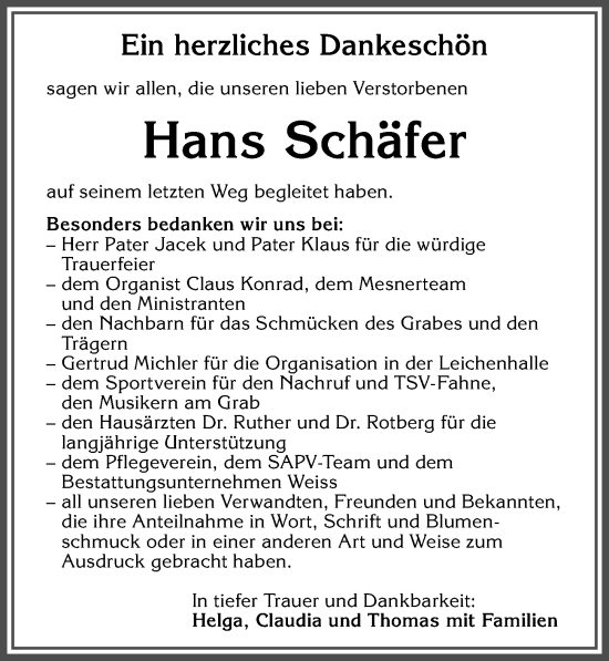 Traueranzeige von Hans Schäfer von Allgäuer Zeitung,Kempten