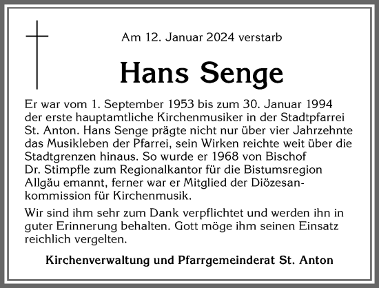 Traueranzeige von Hans Senge von Allgäuer Zeitung,Kempten