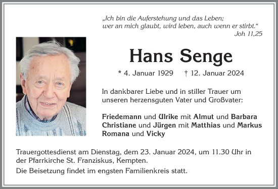 Traueranzeige von Hans Senge von Allgäuer Zeitung,Kempten