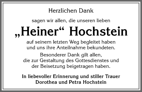 Traueranzeige von Heiner Hochstein von Allgäuer Zeitung, Kaufbeuren/Buchloe