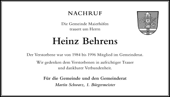 Traueranzeige von Heinz Behrens von Der Westallgäuer