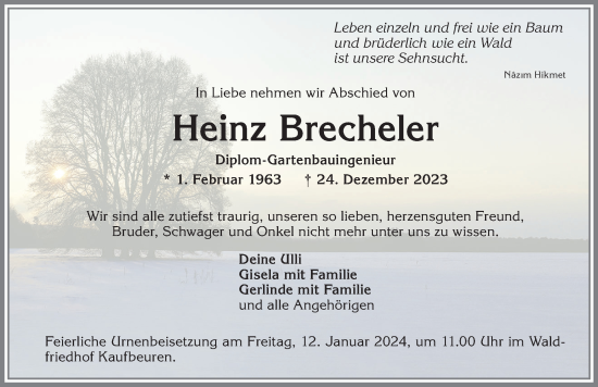 Traueranzeige von Heinz Brecheler von Allgäuer Zeitung, Kaufbeuren/Buchloe