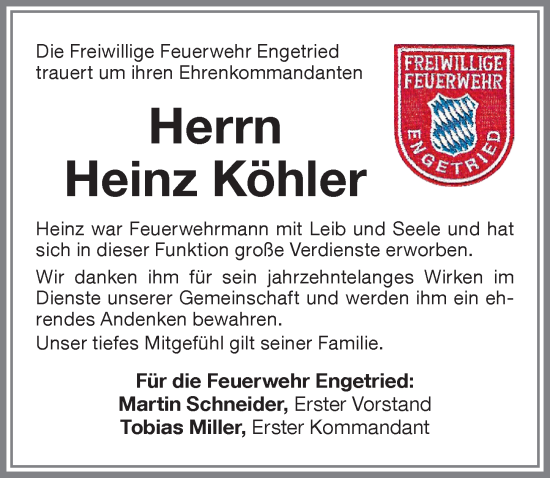 Traueranzeige von Heinz Köhler von Memminger Zeitung
