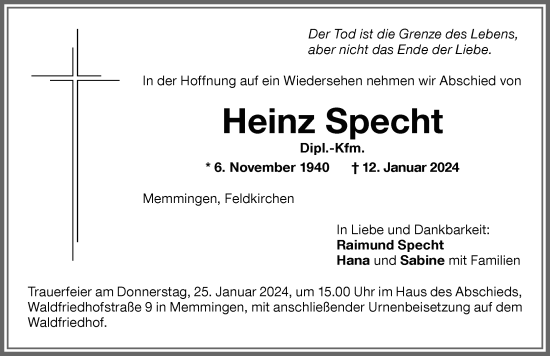 Traueranzeige von Heinz Specht von Memminger Zeitung