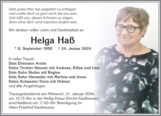 Traueranzeige von Helga Haß von Allgäuer Zeitung, Kaufbeuren/Buchloe
