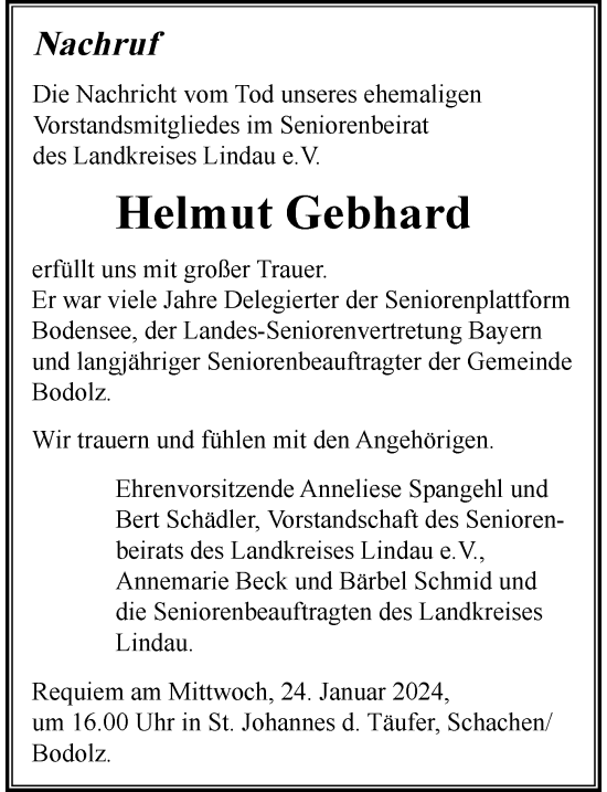 Traueranzeige von Helmut Gebhard von Der Westallgäuer