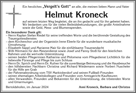 Traueranzeige von Helmut Kroneck von Allgäuer Zeitung, Kaufbeuren/Buchloe
