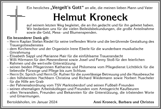 Traueranzeige von Helmut Kroneck von Allgäuer Zeitung, Marktoberdorf
