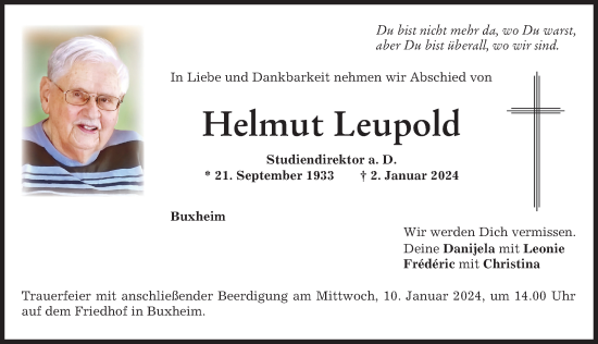 Traueranzeige von Helmut Leupold von Memminger Zeitung