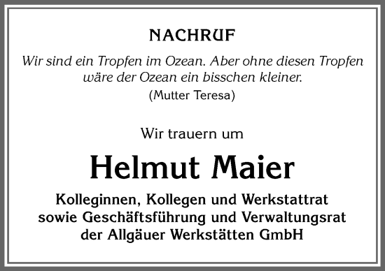 Traueranzeige von Helmut Maier von Allgäuer Zeitung,Kempten