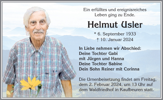 Traueranzeige von Helmut Usler von Allgäuer Zeitung, Kaufbeuren/Buchloe