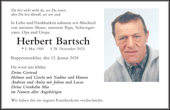 Traueranzeige von Herbert Bartsch von Der Westallgäuer