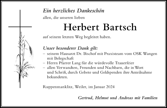Traueranzeige von Herbert Bartsch von Der Westallgäuer