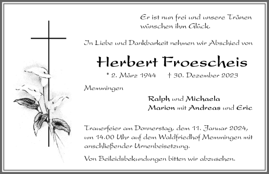 Traueranzeige von Herbert Froescheis von Memminger Zeitung
