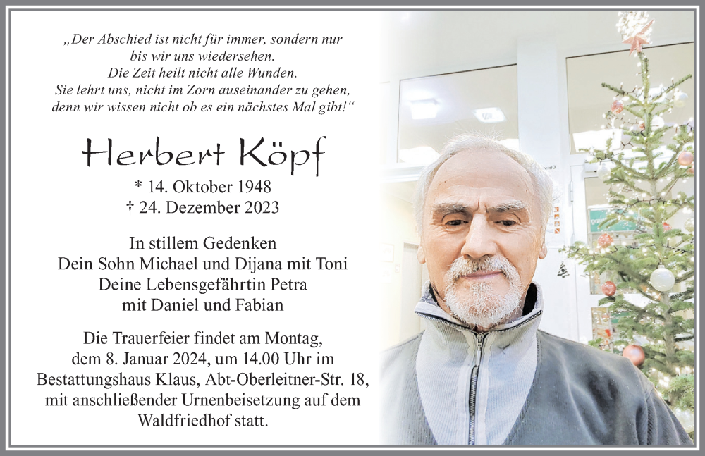  Traueranzeige für Herbert Köpf vom 05.01.2024 aus Allgäuer Zeitung, Füssen