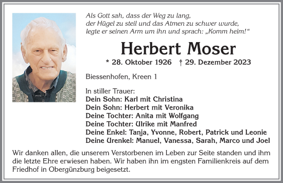 Traueranzeige von Herbert Moser von Allgäuer Zeitung, Marktoberdorf