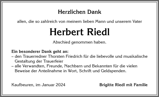 Traueranzeige von Herbert Riedl von Allgäuer Zeitung, Kaufbeuren/Buchloe