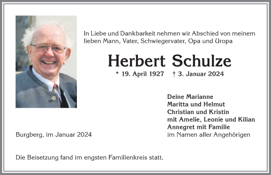 Traueranzeige von Herbert Schulze von Allgäuer Anzeigeblatt