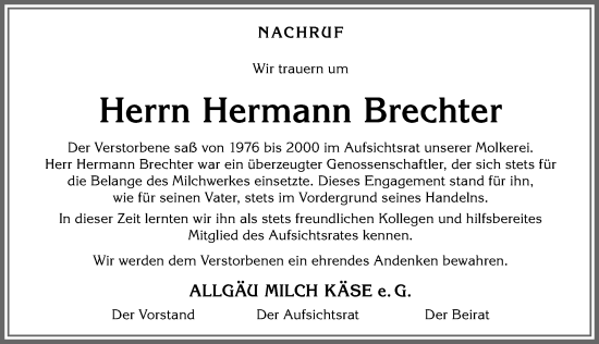 Traueranzeige von Hermann Brechter von Allgäuer Zeitung,Kempten