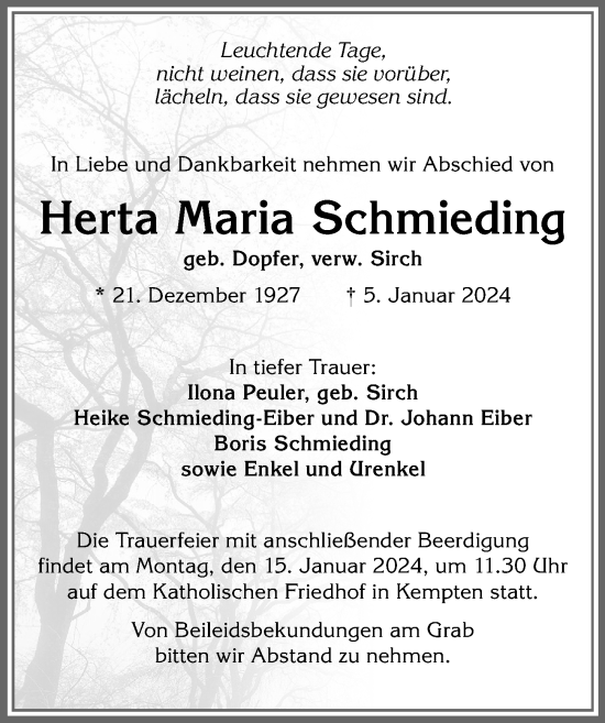 Traueranzeige von Herta Maria Schmieding von Allgäuer Zeitung,Kempten