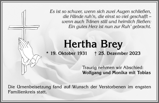 Traueranzeige von Hertha Brey von Allgäuer Zeitung, Füssen