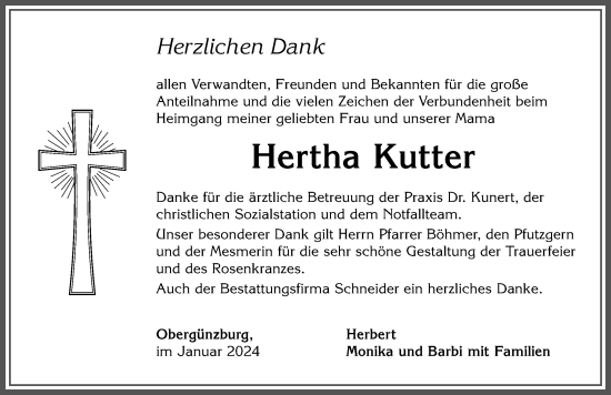 Traueranzeige von Hertha Kutter von Allgäuer Zeitung, Marktoberdorf