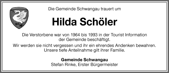 Traueranzeige von Hilda Schöler von Allgäuer Zeitung, Füssen