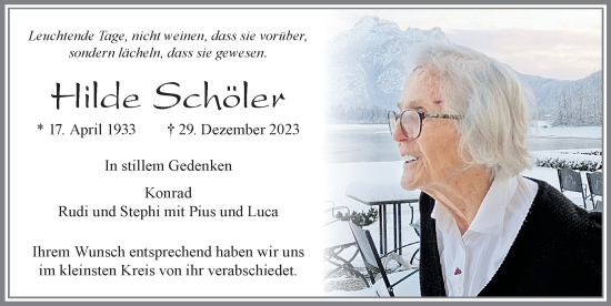 Traueranzeige von Hilde Schöler von Allgäuer Zeitung, Füssen
