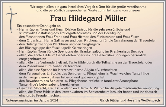 Traueranzeige von Hildegard Müller von Allgäuer Zeitung, Kaufbeuren/Buchloe