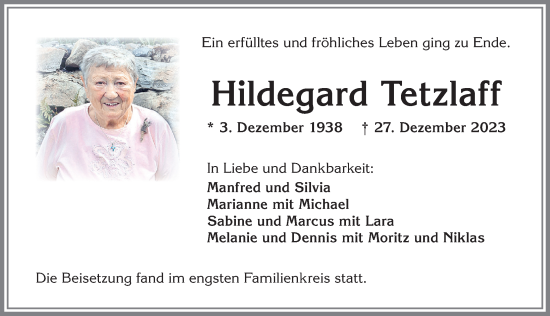Traueranzeige von Hildegard Tetzlaff von Allgäuer Zeitung,Kempten