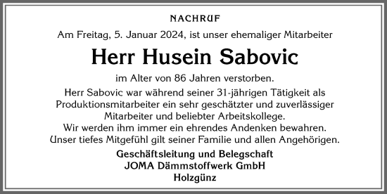 Traueranzeige von Husein Sabovic von Memminger Zeitung