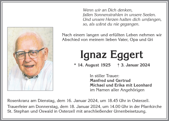 Traueranzeige von Ignaz Eggert von Allgäuer Zeitung, Kaufbeuren/Buchloe
